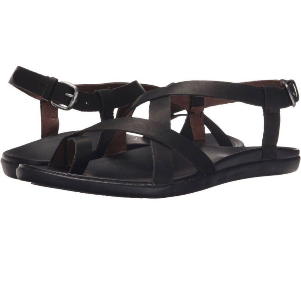 Olukai Upena Black Leather Sandals